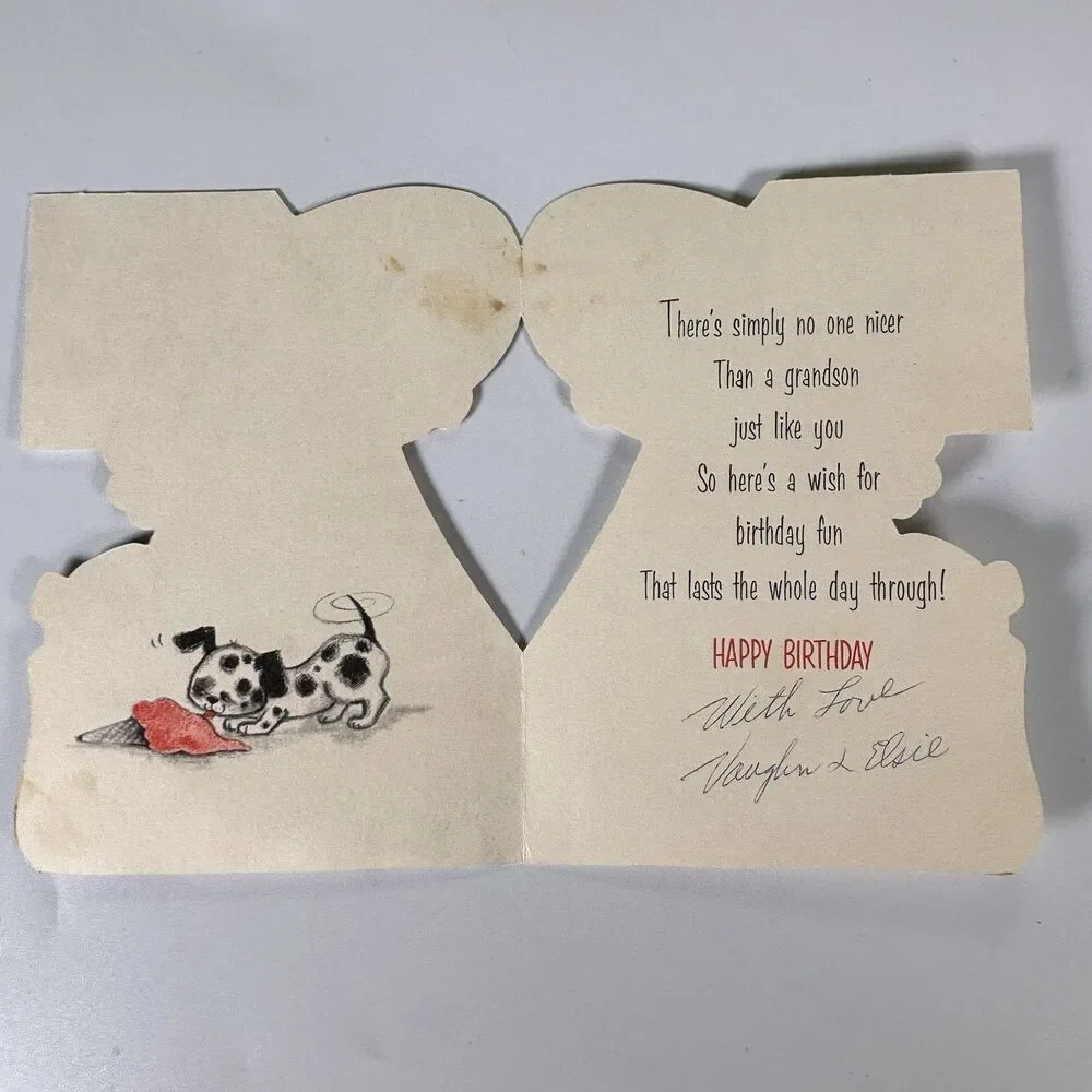 Vintage Hallmark Grandson Birthday Card Die Cut Boy Puppy Anthropomorphic Flock